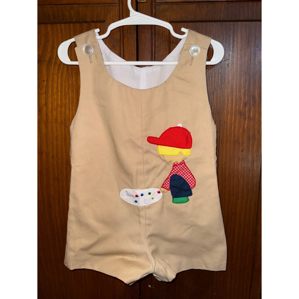 Vintage Samara Kids Tan Artist Applique Shortall Romper Tan Twill Sleeveless